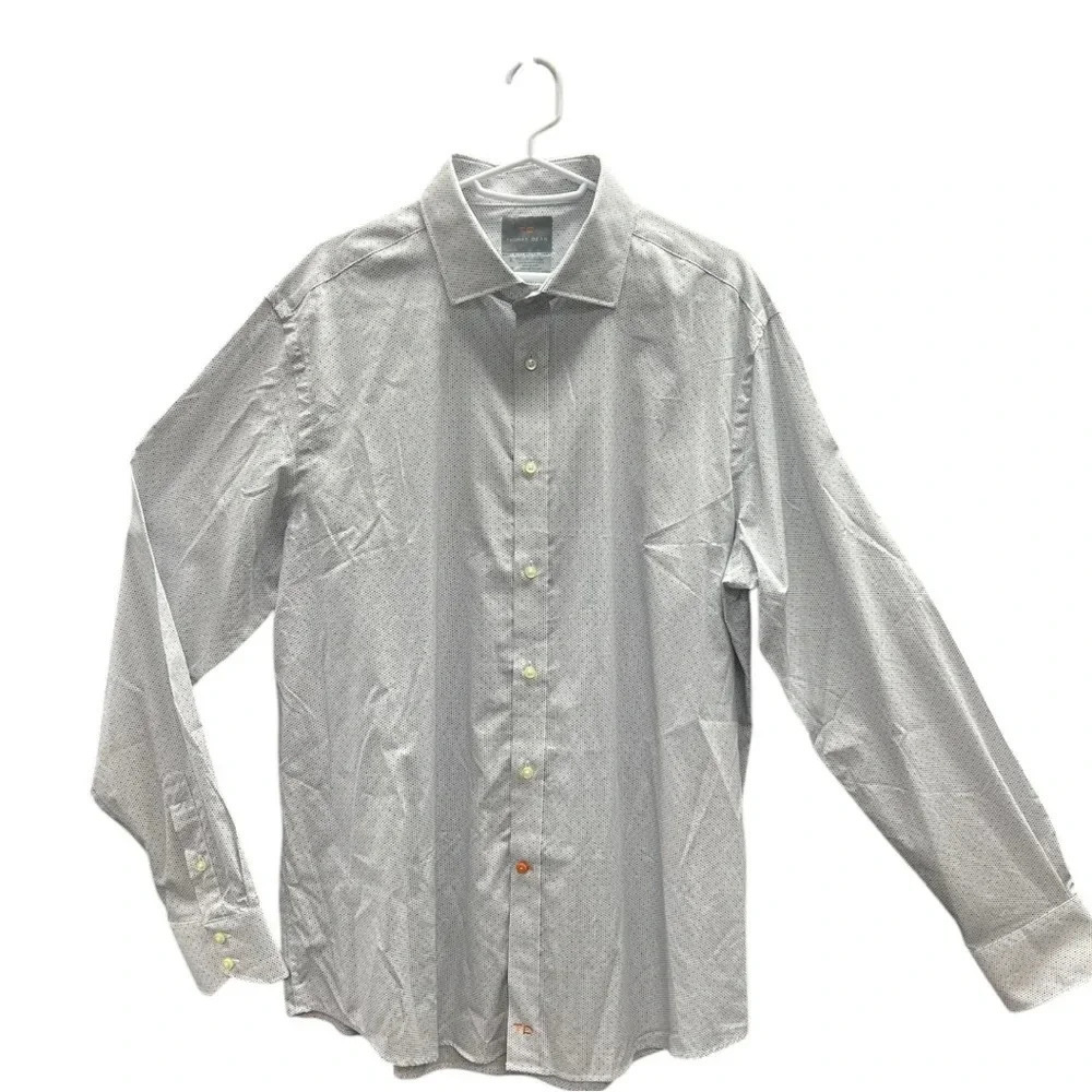 Thomas Dean Print Button Down White Grey Blue Dress Shirt Long Sleeve Mens - Picture 1 of 9